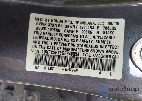 2016 Honda Civic Ex from USA, damaged, VIN 19XFC2F78GE246054